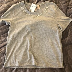 Gray tee shirt with jeweled neck